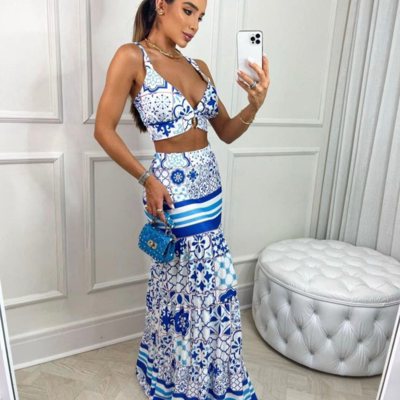 01. Maxi dress, 2-piece skirt set with mediterranean print. italy, summer, vacation, special day