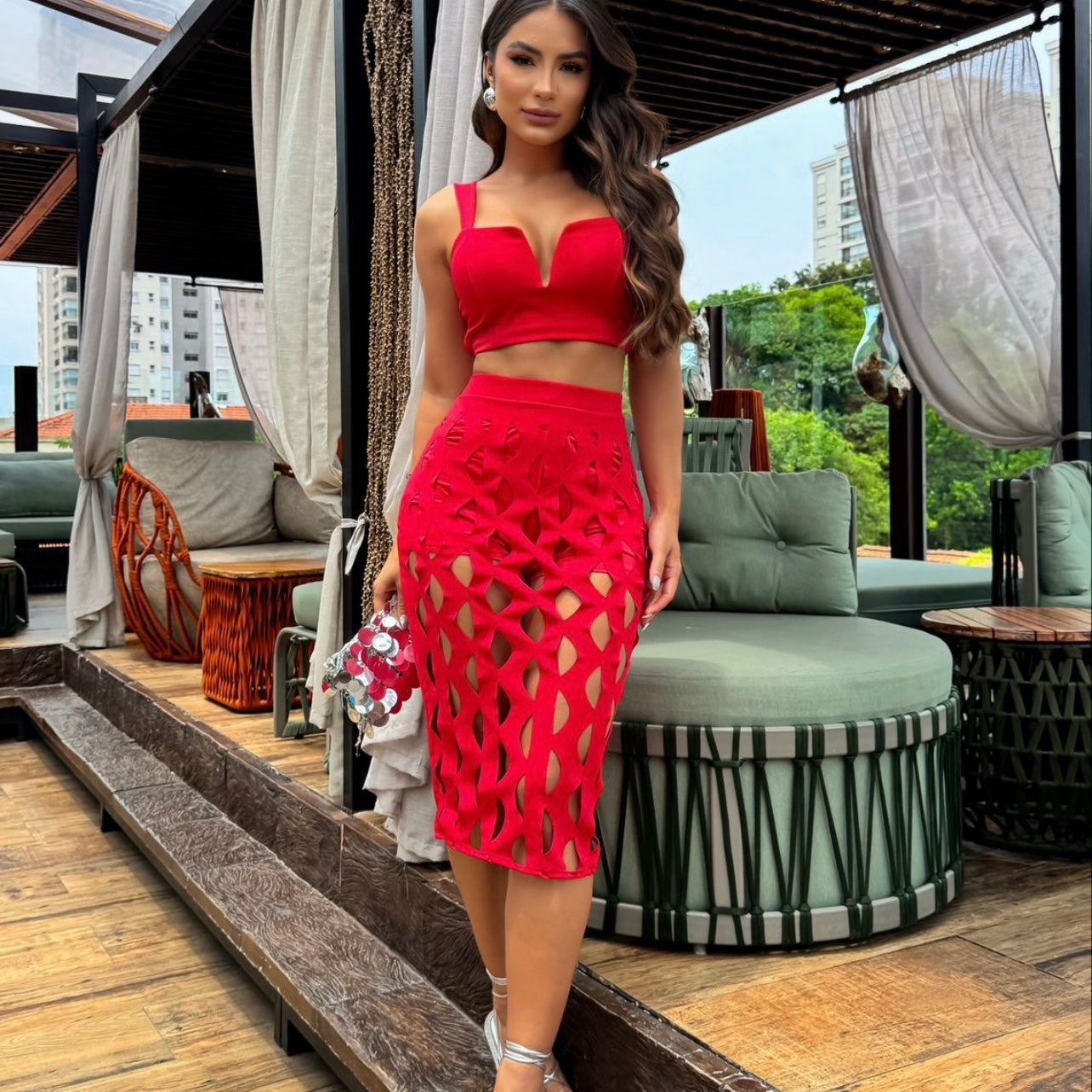 01. 2 piece set in skirt , red color. resort, vacation, tulum, beach