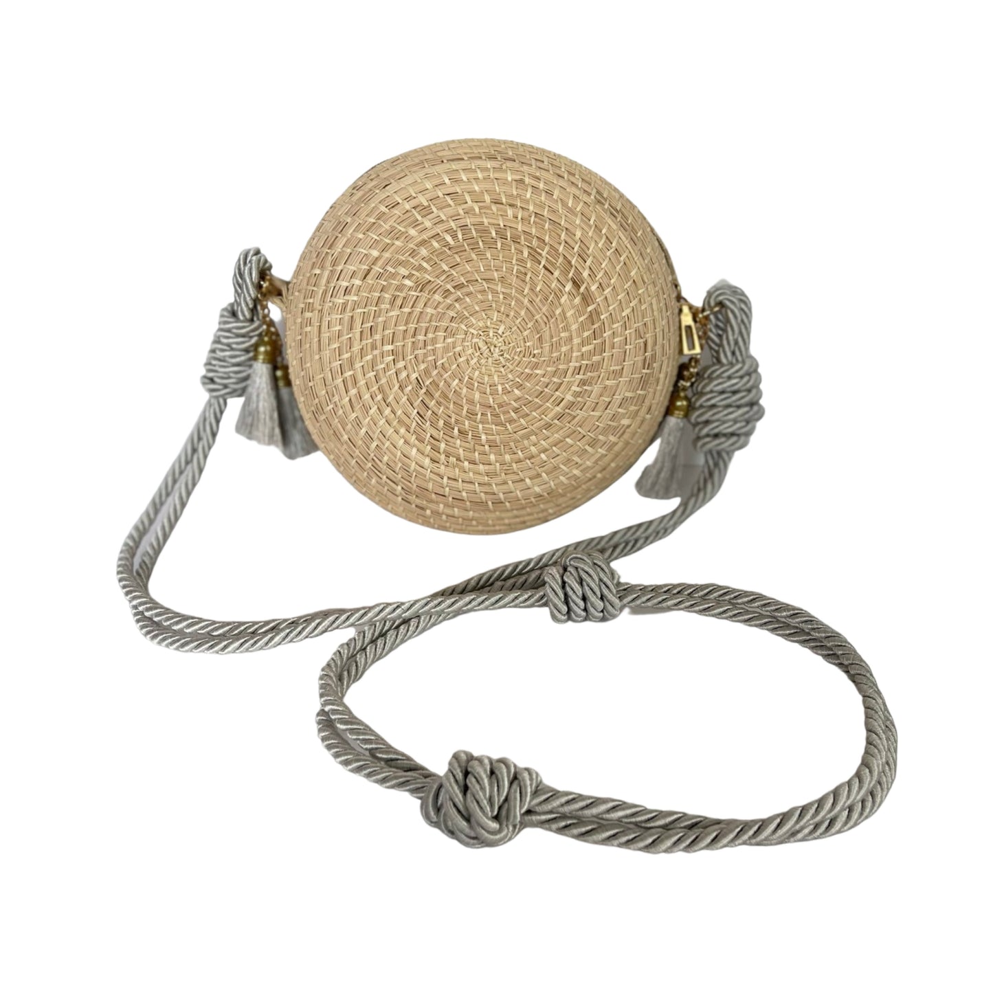 H. Yoyo bag with silver silk strap made in iraca palm