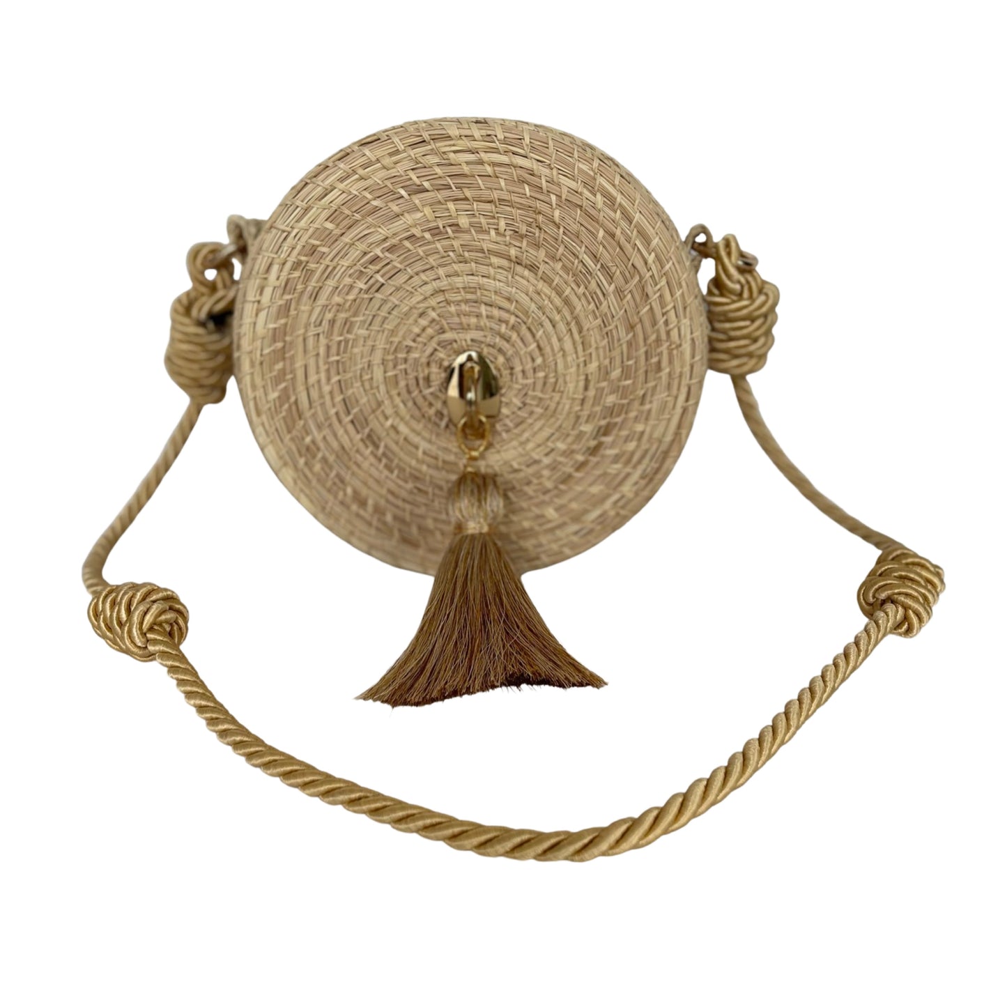 H. Disco bag with gold silk strap made in iraca palm