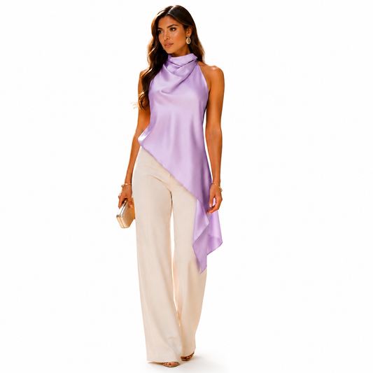 Top-Dress in lavender features a draped halter neckline and an asymmetrical hemline.