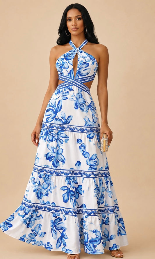 blue and white floral Coast Ribbon Trim Cross Front Tiered Maxi Dress