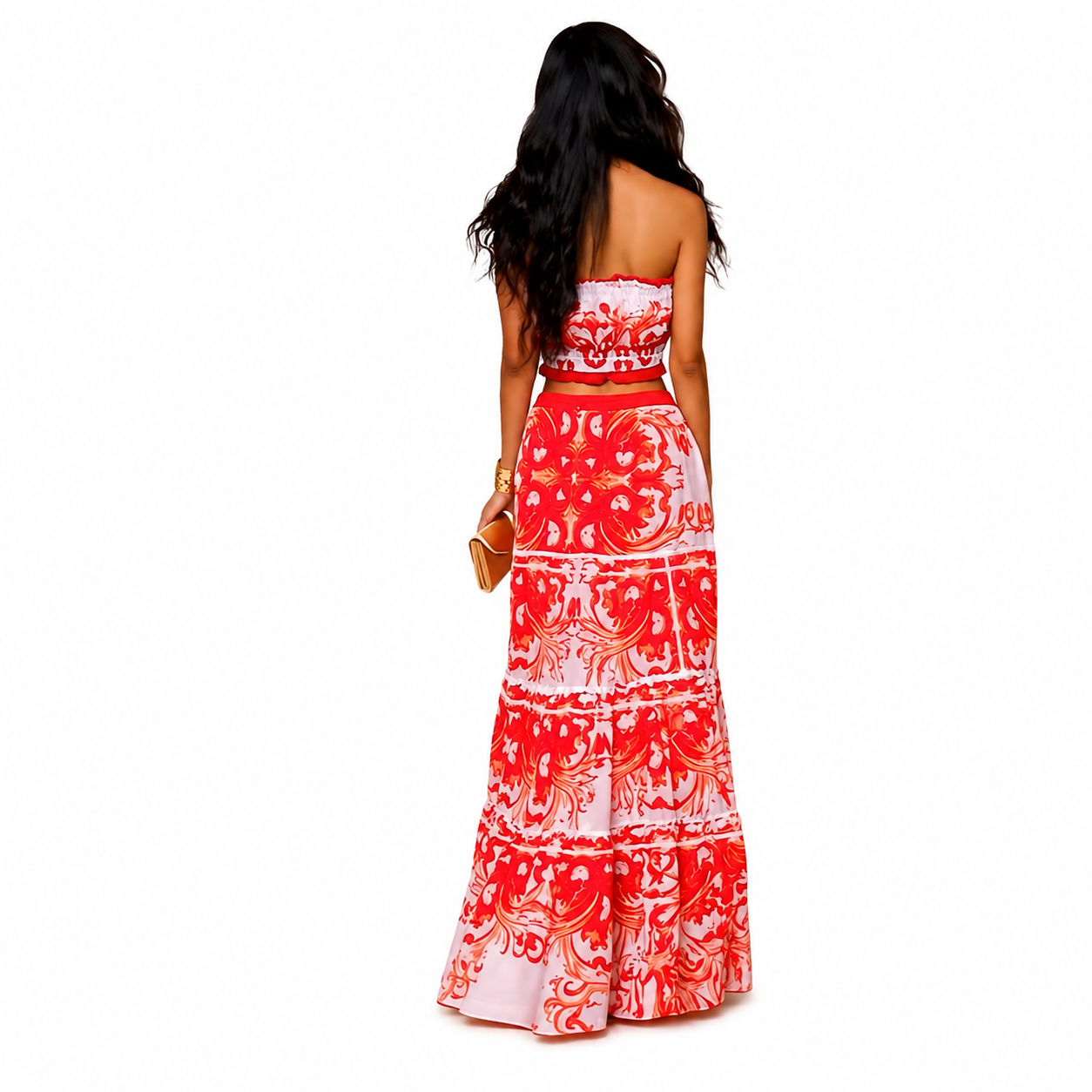 Two piece skirt set with an asymmetrical red print