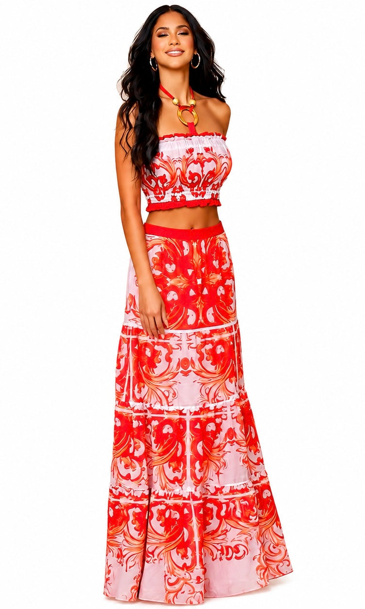Two piece skirt set with an asymmetrical red print