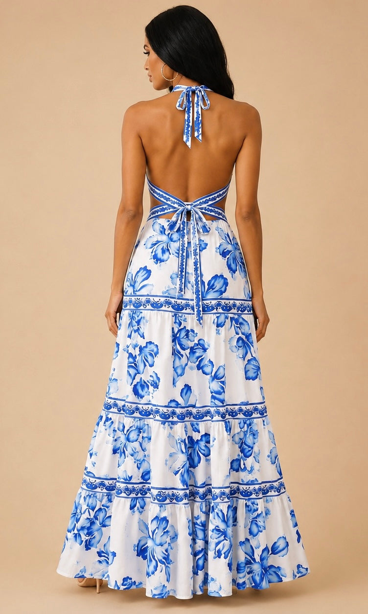 blue and white floral Coast Ribbon Trim Cross Front Tiered Maxi Dress