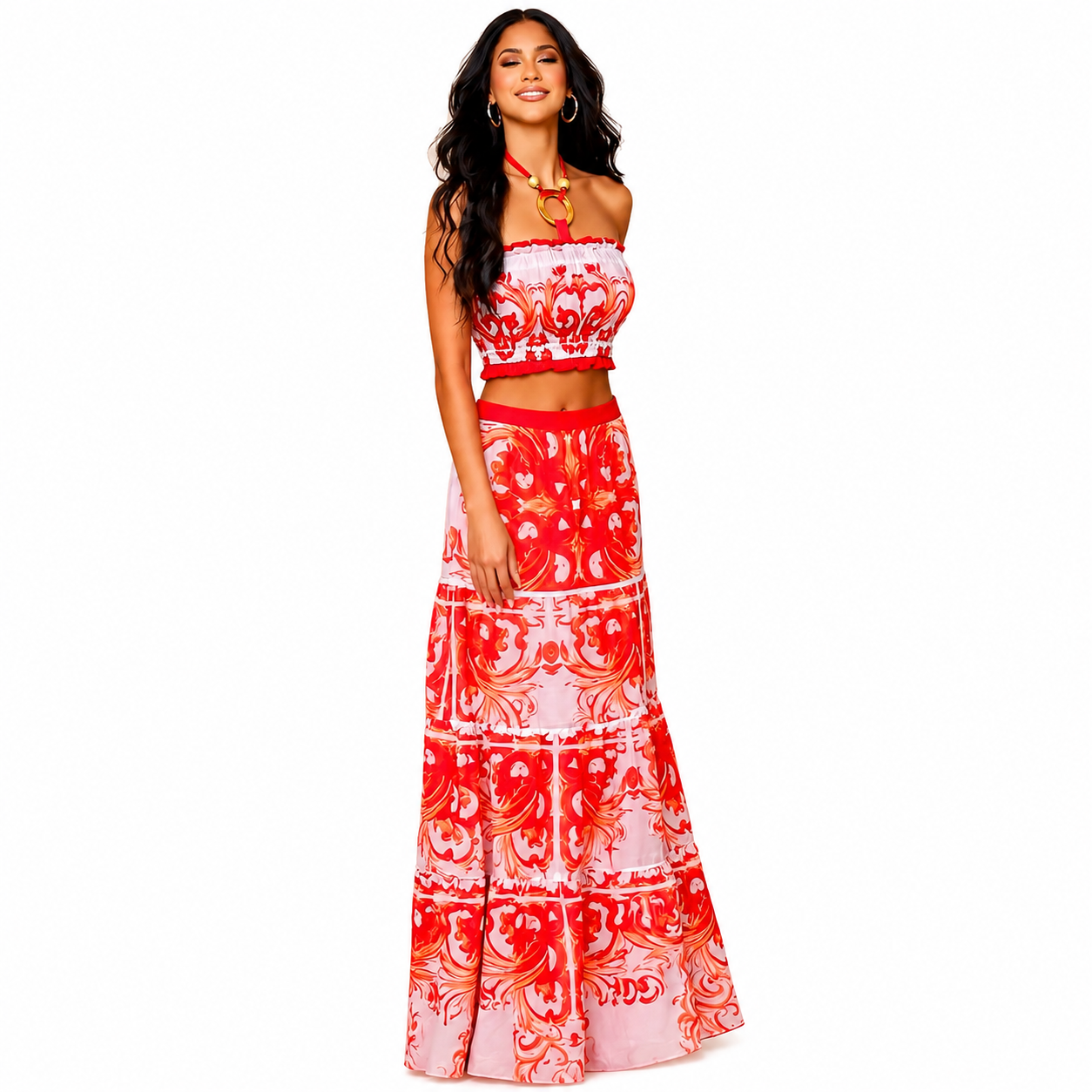 Two piece skirt set with an asymmetrical red print