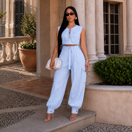 Light blue Jogger Pant Set featuring a lace-up sleeveless crop top and matching cargo jogger pants.