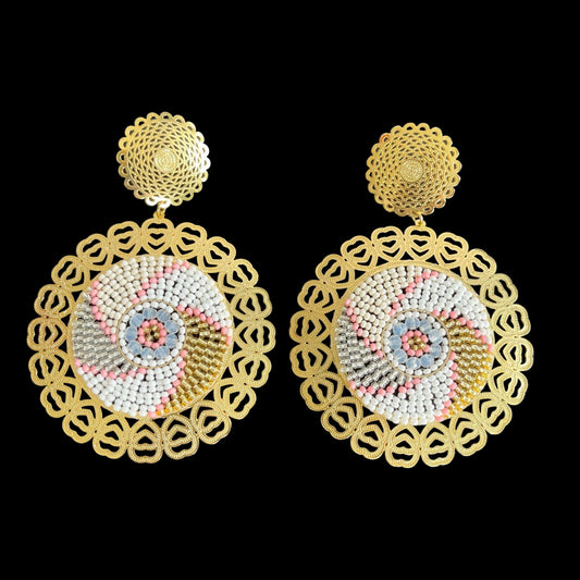 E. Large earrings designed in 24k gold plated bronze and white beads