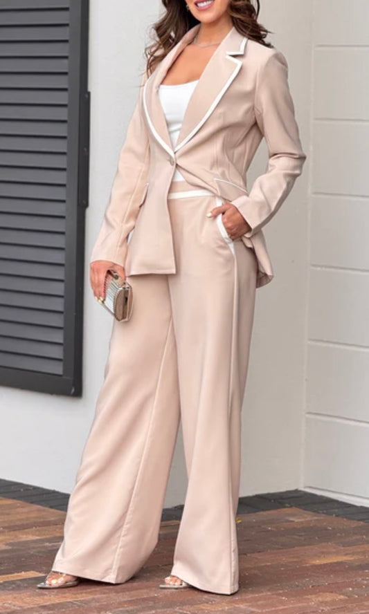 Two-piece outfit: beige trousers and jacket