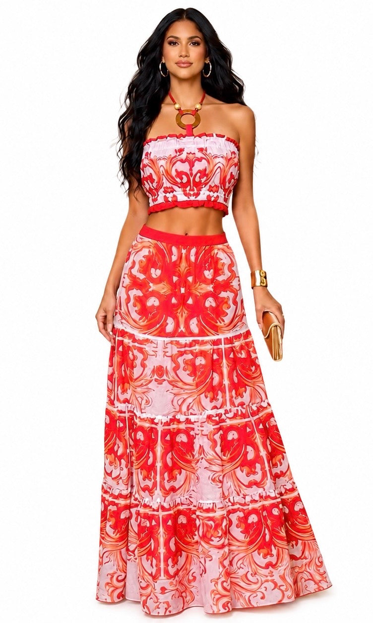Two piece skirt set with an asymmetrical red print