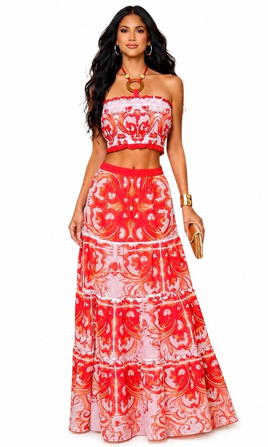 Two piece skirt set with an asymmetrical red print