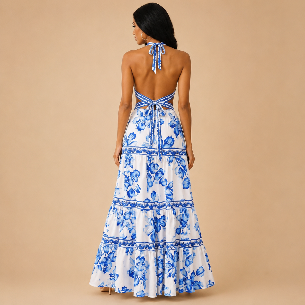 blue and white floral Coast Ribbon Trim Cross Front Tiered Maxi Dress