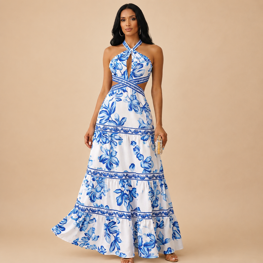 blue and white floral Coast Ribbon Trim Cross Front Tiered Maxi Dress