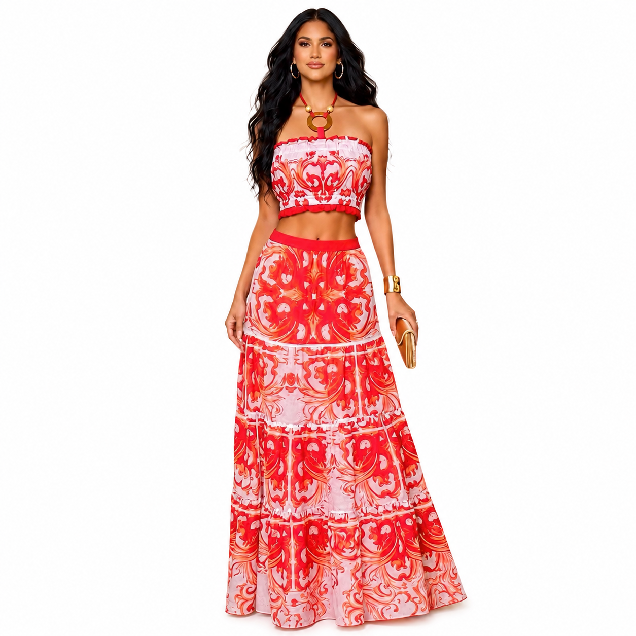 Two piece skirt set with an asymmetrical red print