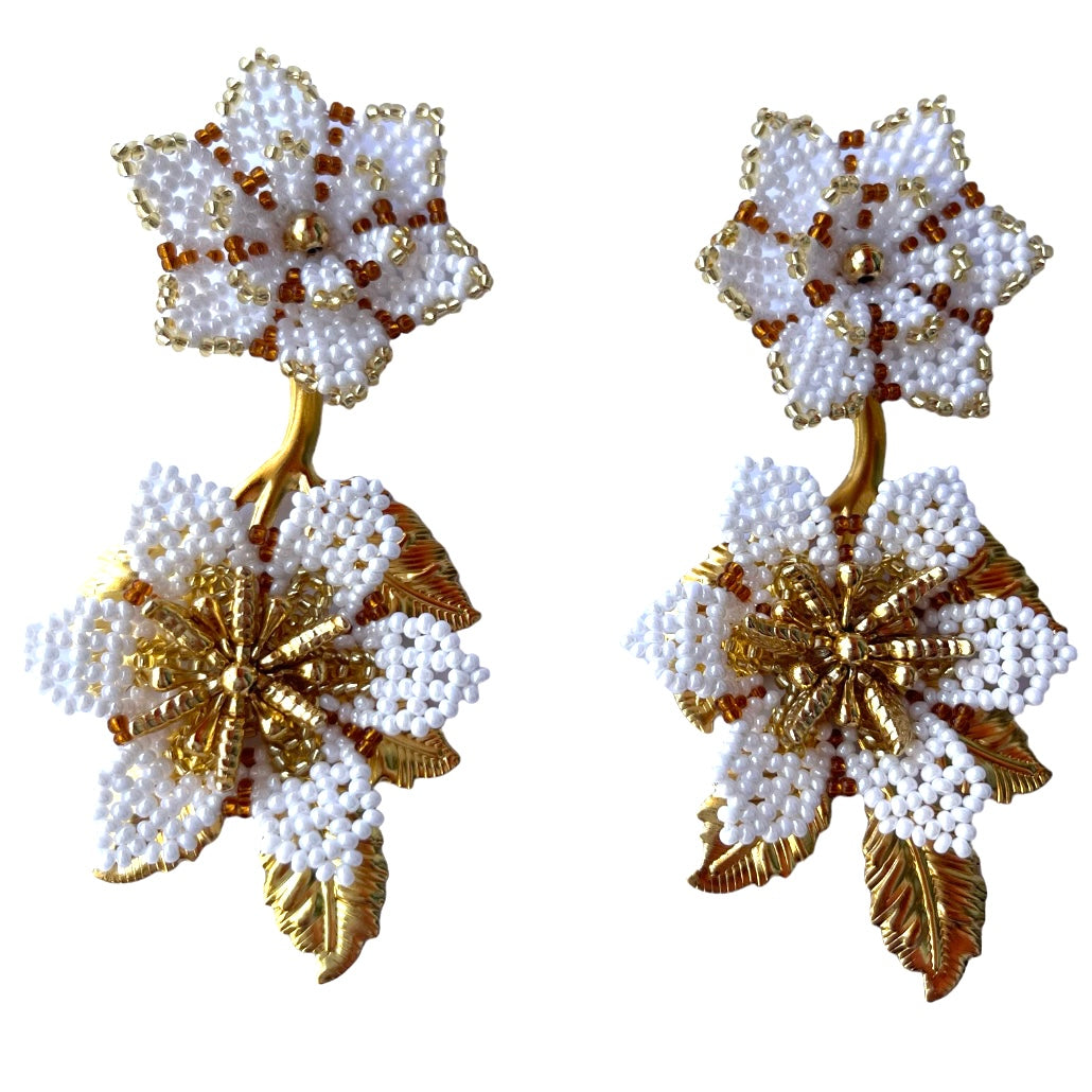 elegant white and gold flower earrings