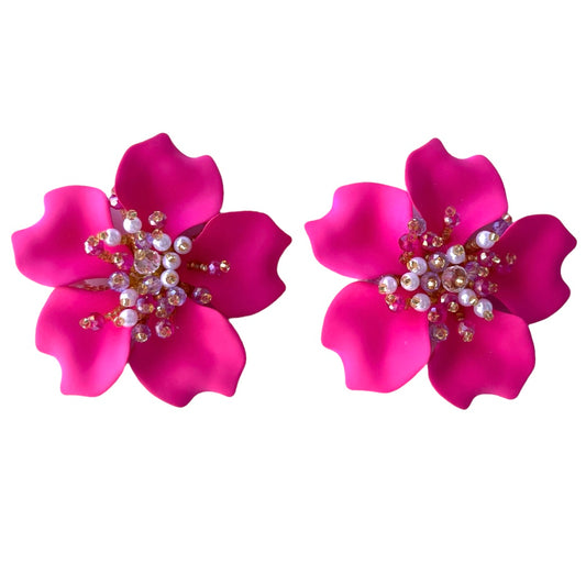 fuscia taupe flower earrings