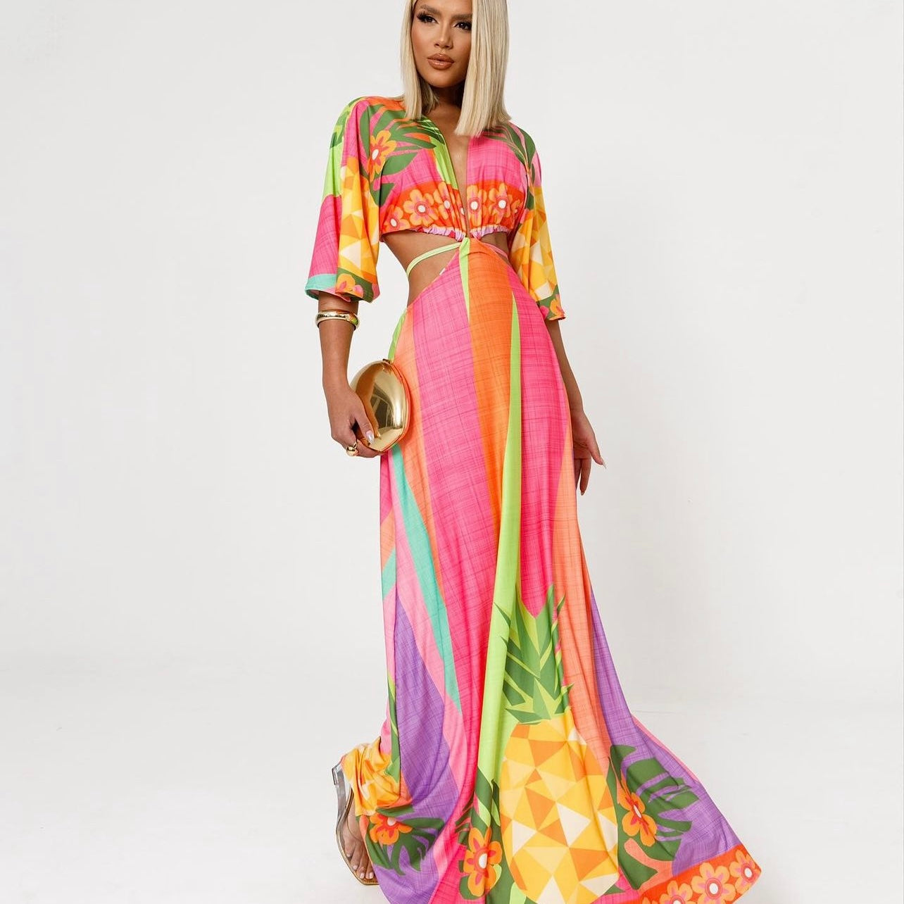 01 Long dress with long sleeves, tropical design