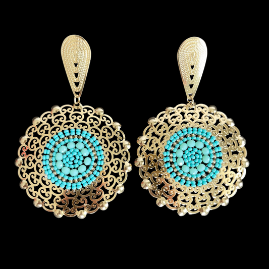 E. Earrings with round design and turquoise beads