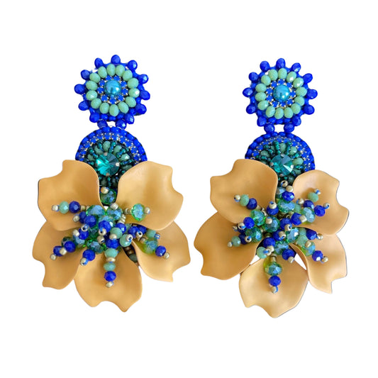 05. Elegant design of mustard yellow and blue flower earrings