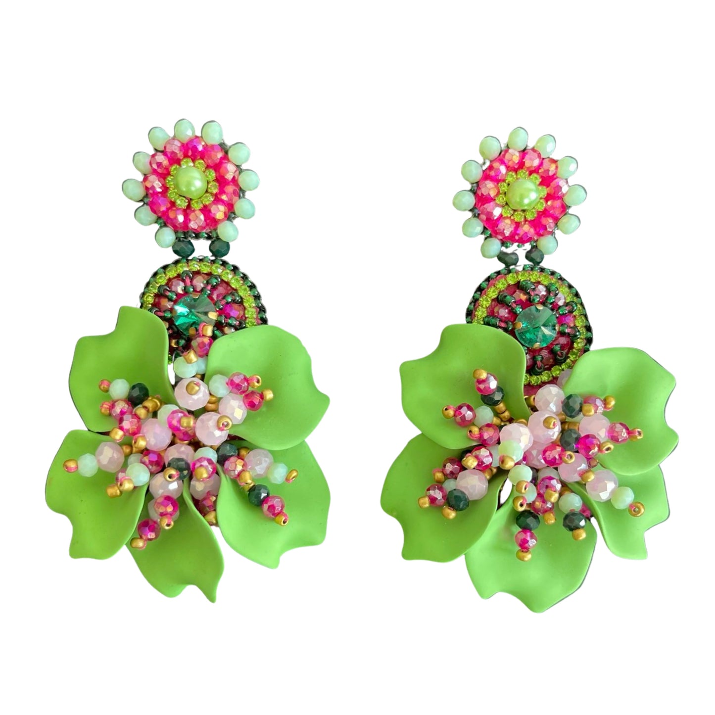 05. Elegant design of vibrant green and multicolor flower earrings