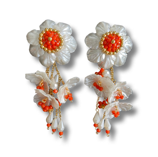 03. White and orange flower earrings