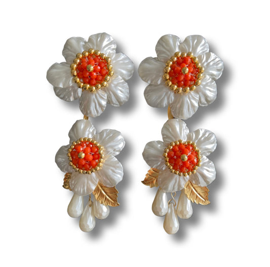 03. White and orange flower earrings