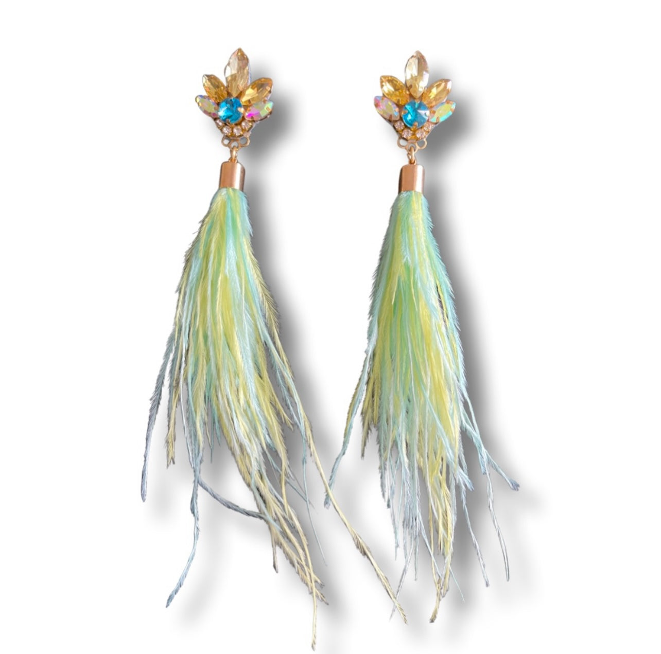 05. Earrings designed in yellow and blue feather