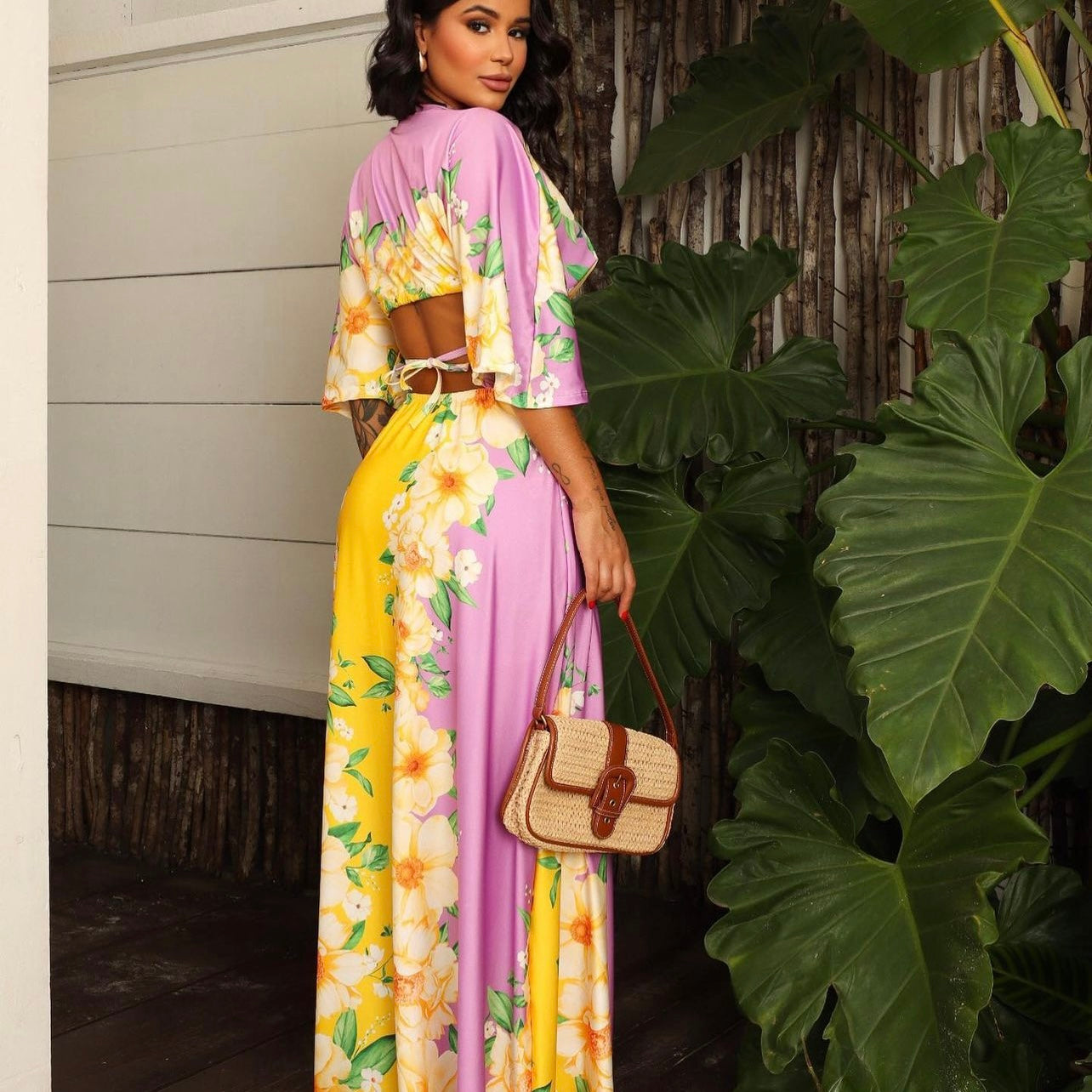 maxi dress, long dress with long sleeves. in purple. yellow with flower print