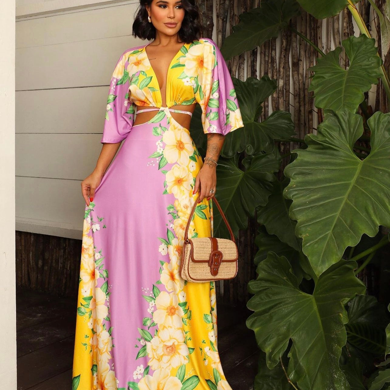 maxi dress, long dress with long sleeves. in purple. yellow with flower print