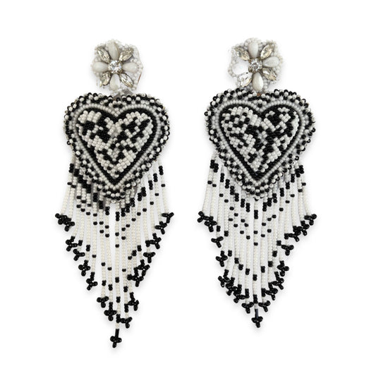 03. Elegant long black and white heart earrings