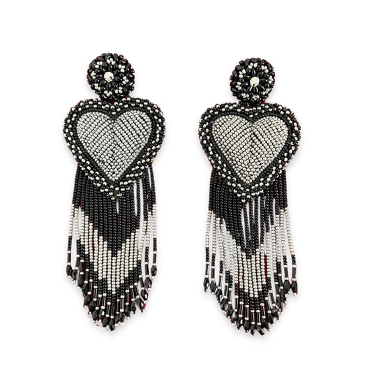 03.  Elegant long silver and black heart earrings