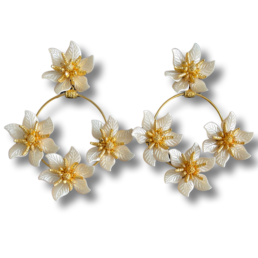 03. Elegant design of flower earrings in gold and white color