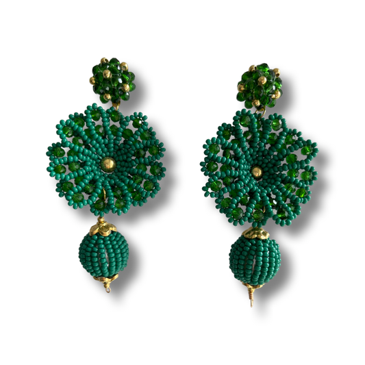 04. Flower earrings made of beads and crystals in green color